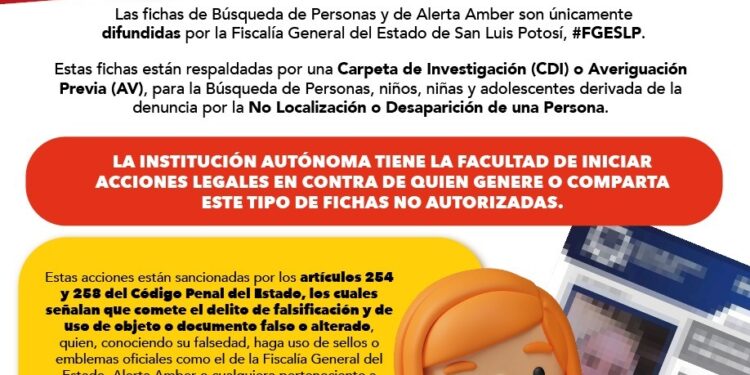FISCALÍA POTOSINA ALERTA POR DIFUSIÓN DE FICHA DE BÚSQUEDA APÓCRIFA
