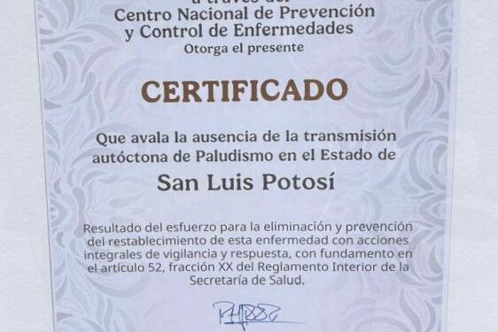 SAN LUIS POTOSÍ LOGRA NUEVE AÑOS SIN TRANSMISIÓN AUTÓCTONA DE PALUDISMO