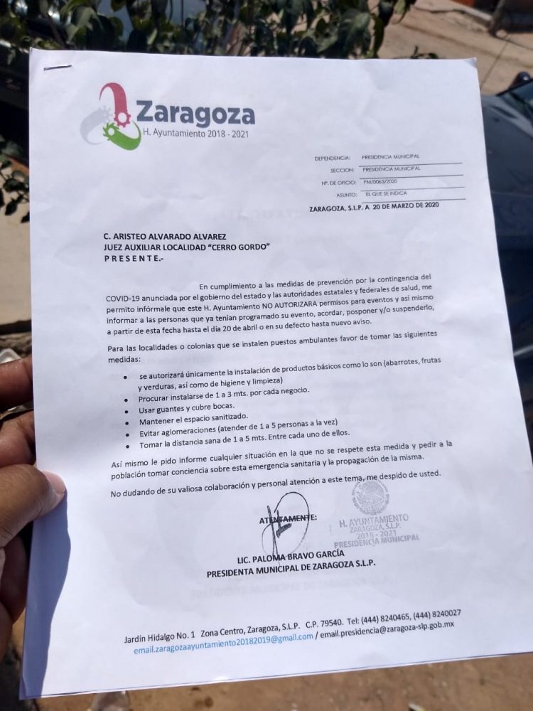 Suspende eventos masivos el Ayuntamiento de Villa de Zaragoza