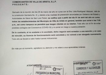 Ayuntamiento de Villa de Arista da toque de queda a comercios establecidos