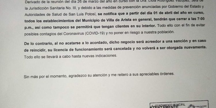Ayuntamiento de Villa de Arista da toque de queda a comercios establecidos