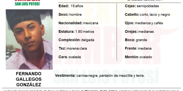 *FGESLP ACTIVA ALERTA AMBER PARA LOCALIZAR A UN ADOLESCENTE VISTO POR ÚLTIMA VEZ EN SGS*