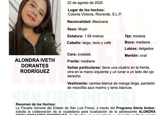 *ACTIVA FGESLP ALERTA AMBER PARA LOCALIZAR A ADOLESCENTE EN RIOVERDE*