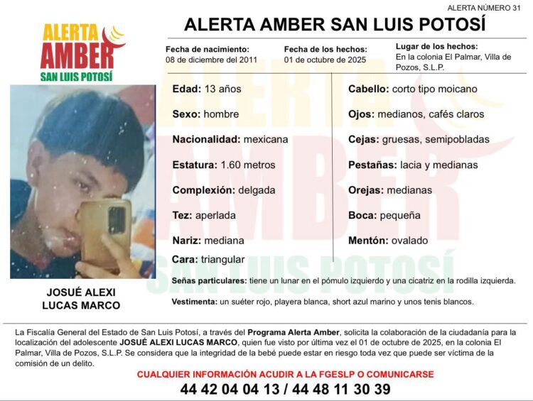FISCALÍA DE SLP INICIA ALERTA AMBER PARA LOCALIZAR A UN ADOLESCENTE EN VILLA DE POZOS